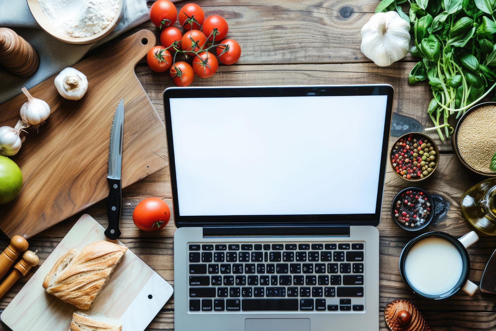 Flatlay with recipe cards and laptop